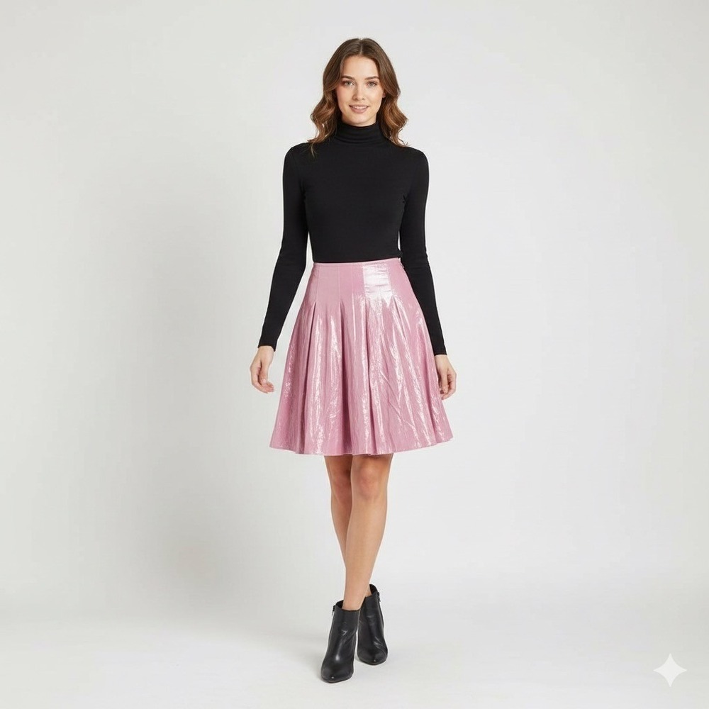 Lisa Ho Pink Metallic Pleated Midi Skirt Womens 2 Pink Party Evening Wear Shiny